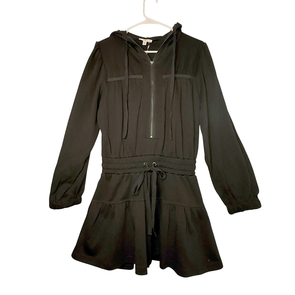 Entro Hooded Mini Dress Womens M NWT Black Zip Front Drawstring Sporty Chic